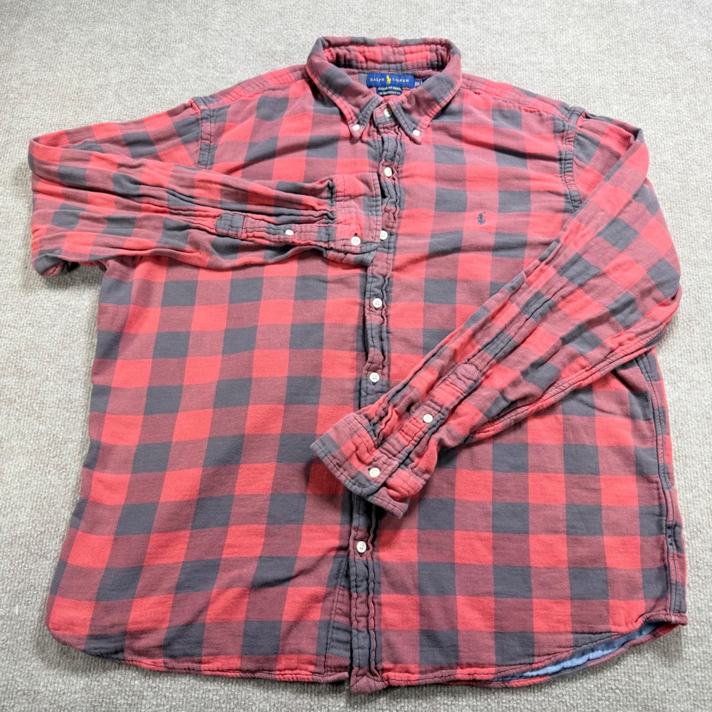 Ralph Lauren Mens XXL Red Buffalo Check Classic Fit Indigo RL Untucked Shirt